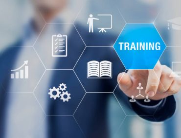 Training and skill development concept with icons of online course, conference, seminar, webinar, e-learning, coaching. Grow knowledge and abilities.